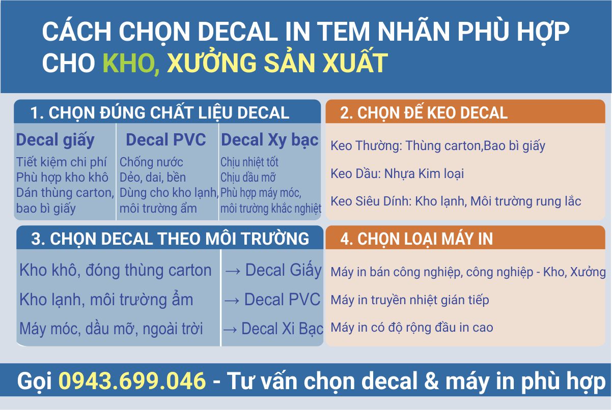 cách chọn decal in tem nhãn phù hợp cho kho, xưởng sản xuất