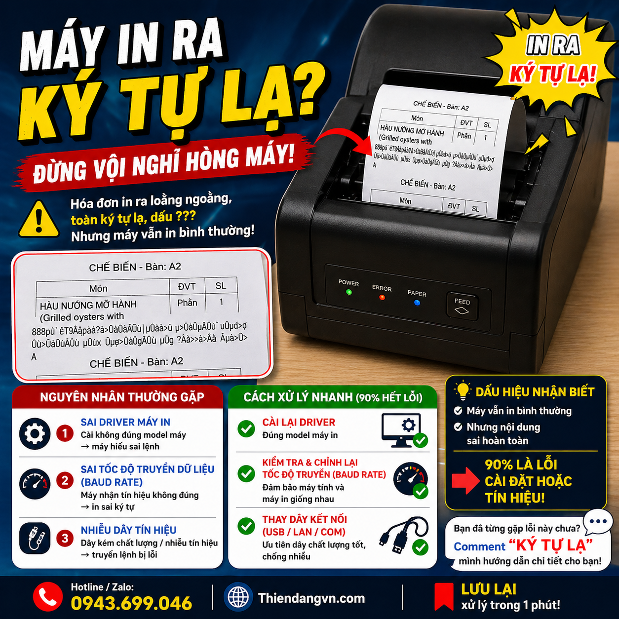 Máy in hóa đơn lỗi in ra ký tự lạ